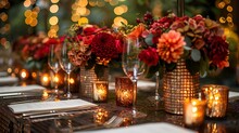 a table with flowers and candles