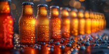 a row of bottles with water drops