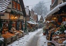 a street with shops and buildings in the snow