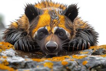 a raccoon lying on a rock