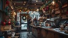 a restaurant with lights and people