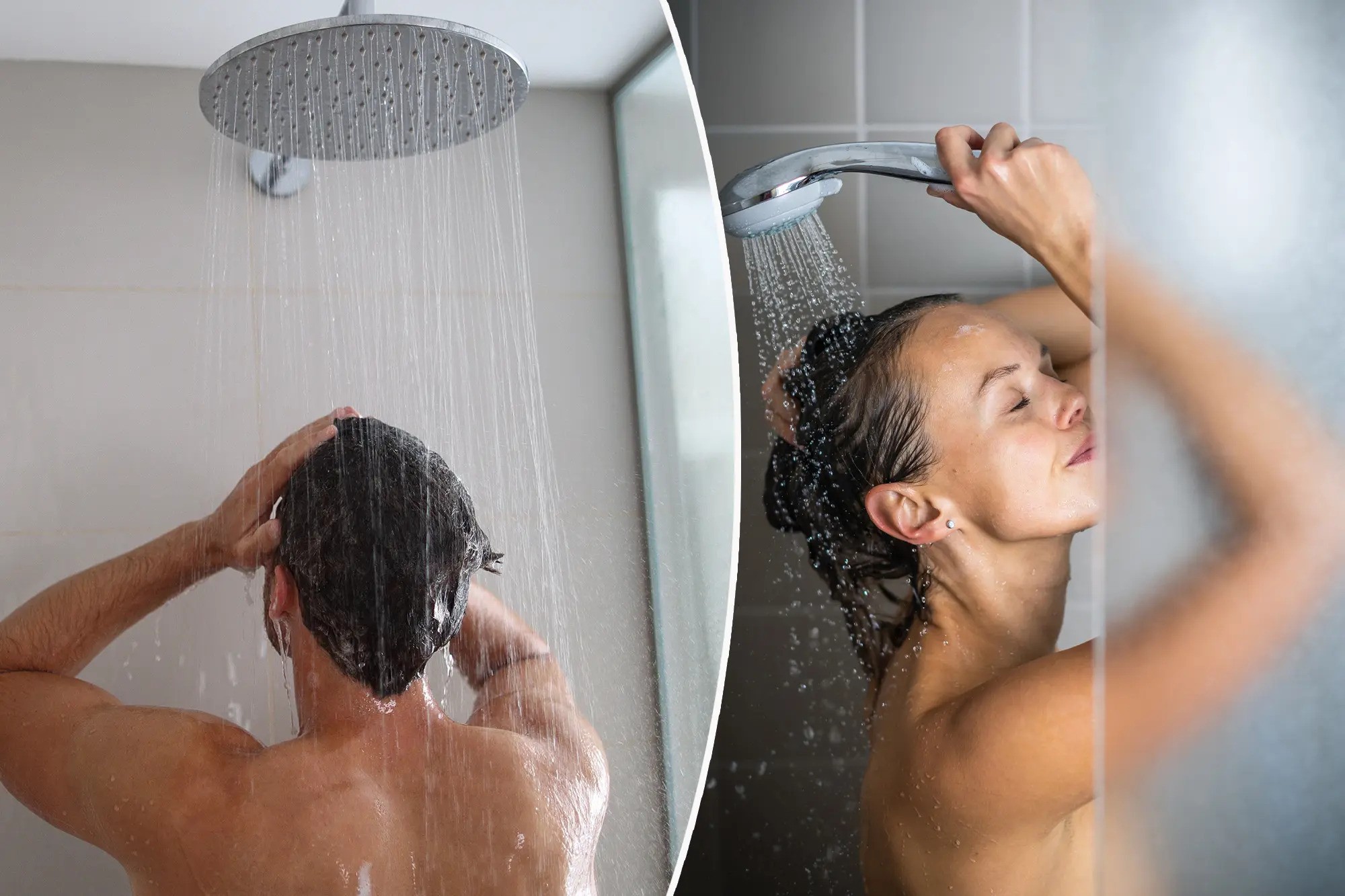 a woman washing her hair in a shower