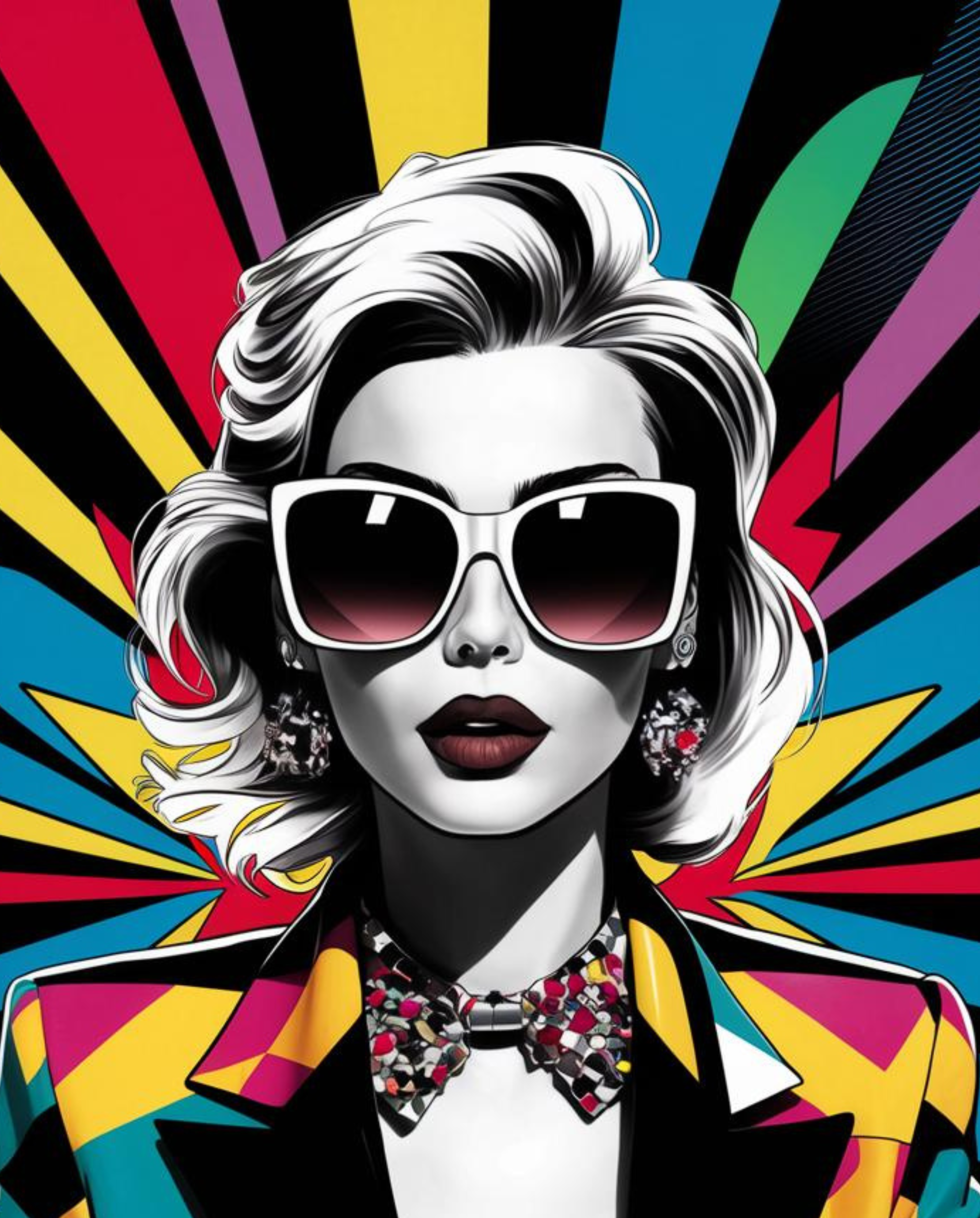 a woman wearing sunglasses and a colorful background