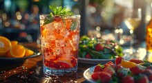 a glass of ice tea with fruit on a table