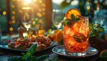 a glass of drink with ice and orange slices on a plate