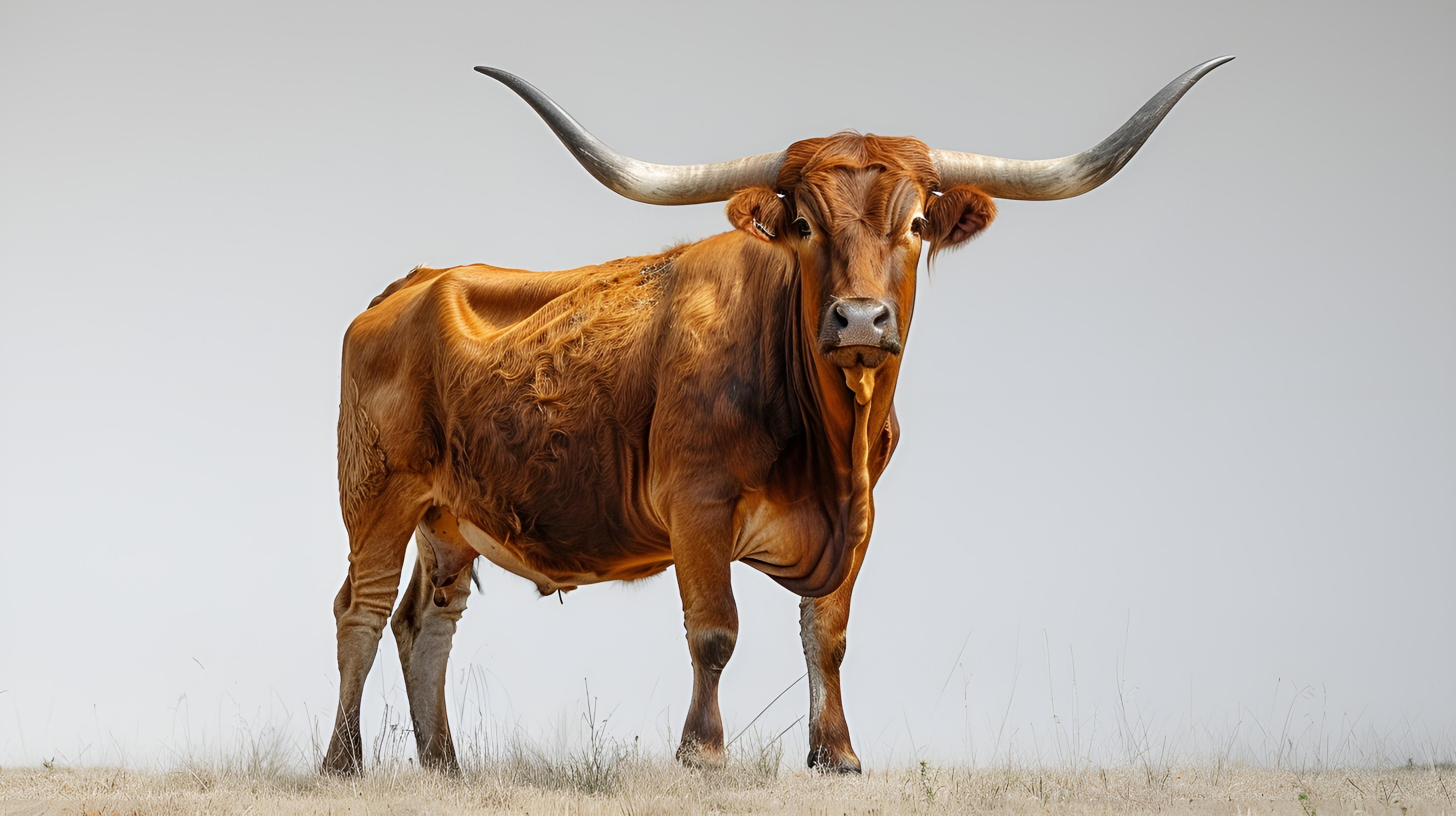 a longhorn with horns standing in a field