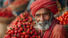 a man with a beard and turban holding a bunch of tomatoes