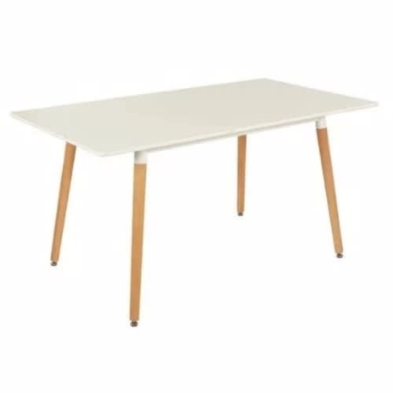 a white rectangular table with wooden legs