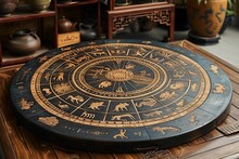 a circular black and gold table