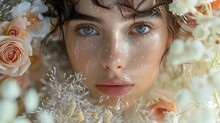 a woman with water droplets on her face