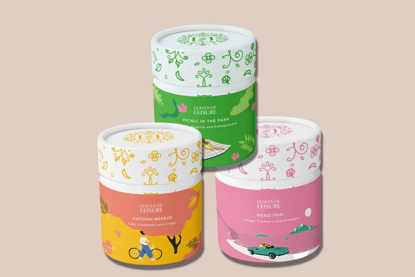 a group of containers with designs