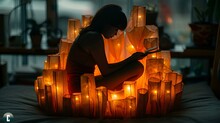 a woman sitting in a pile of candles