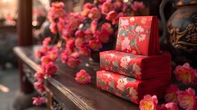 a stack of red boxes with flowers