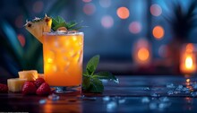 a glass of orange juice with ice and fruits on a table