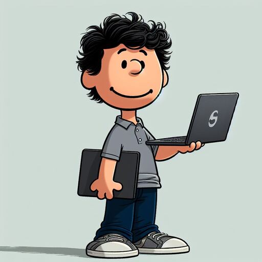 a cartoon of a boy holding a laptop