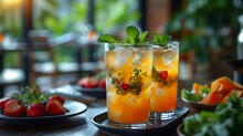 two glasses of orange liquid with mint leaves on top