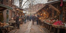 people walking down a street with many stalls