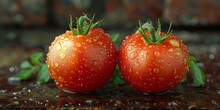 two tomatoes with water droplets on them