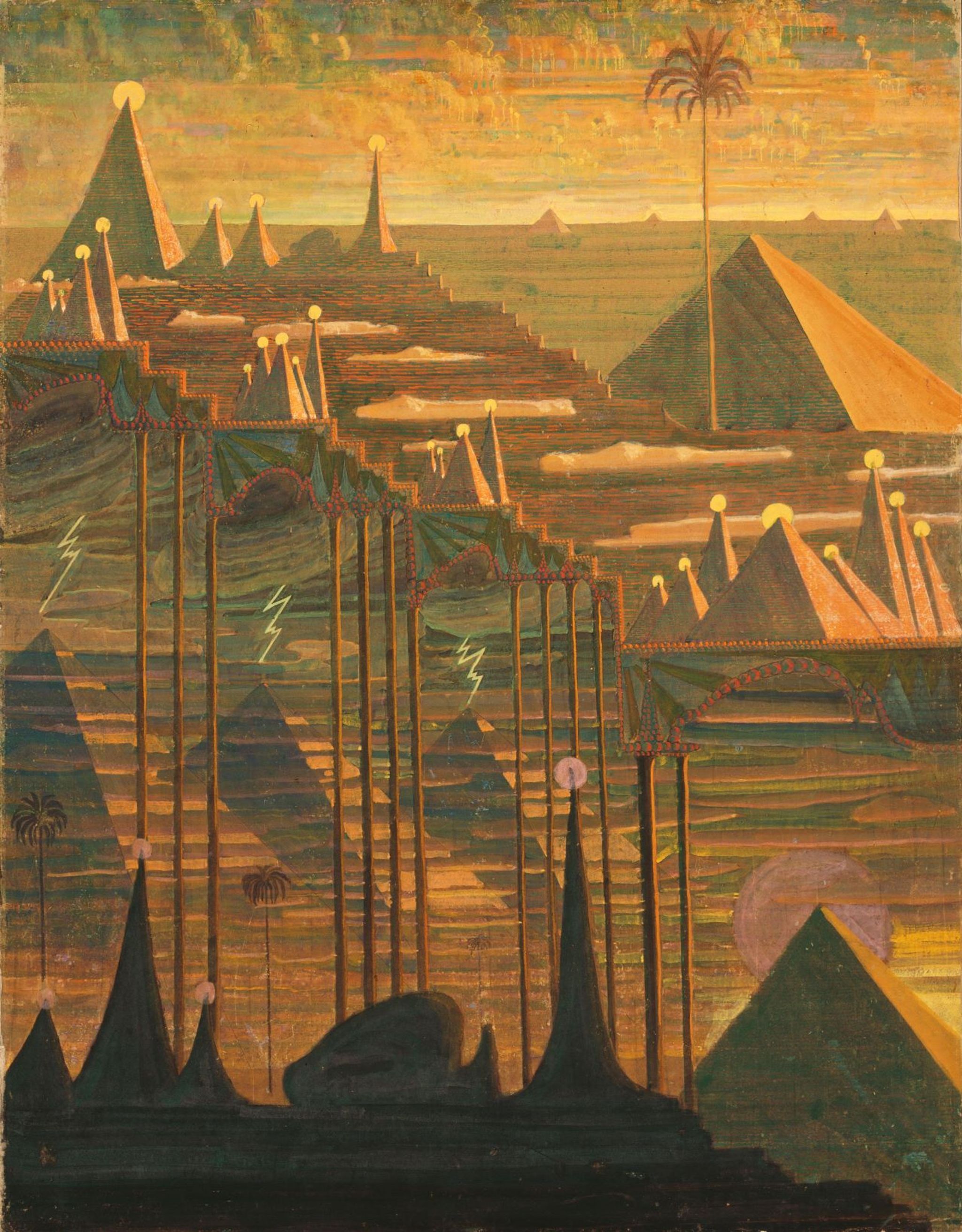 a painting of pyramids and a bridge