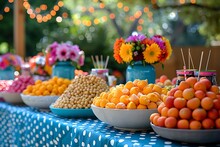 a table with bowls of fruit and flowers