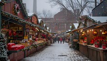 a snowy street with people walking down the street