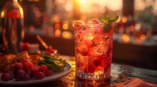 a glass of red liquid with ice and mint on a table with a plate of fruit