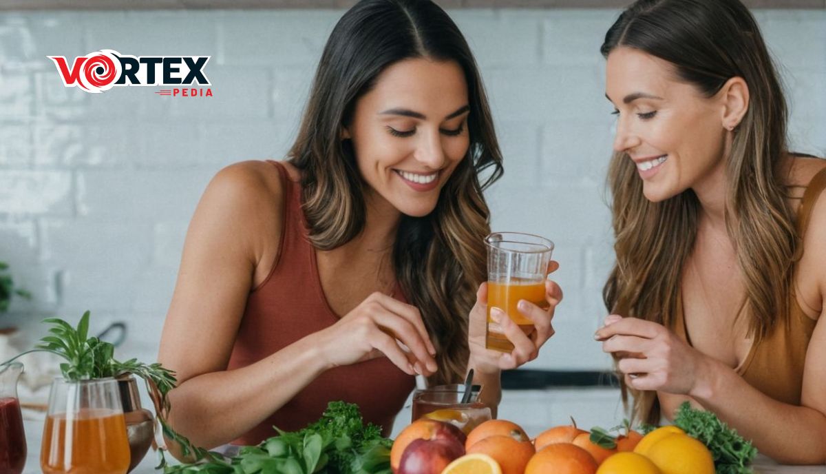 a couple of women smiling and holding glasses of juice