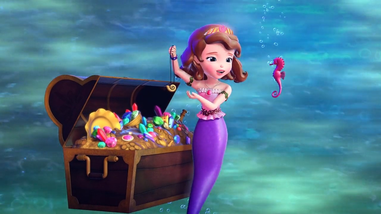 a cartoon mermaid and a chest of treasure