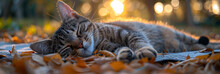 a cat sleeping on leaves