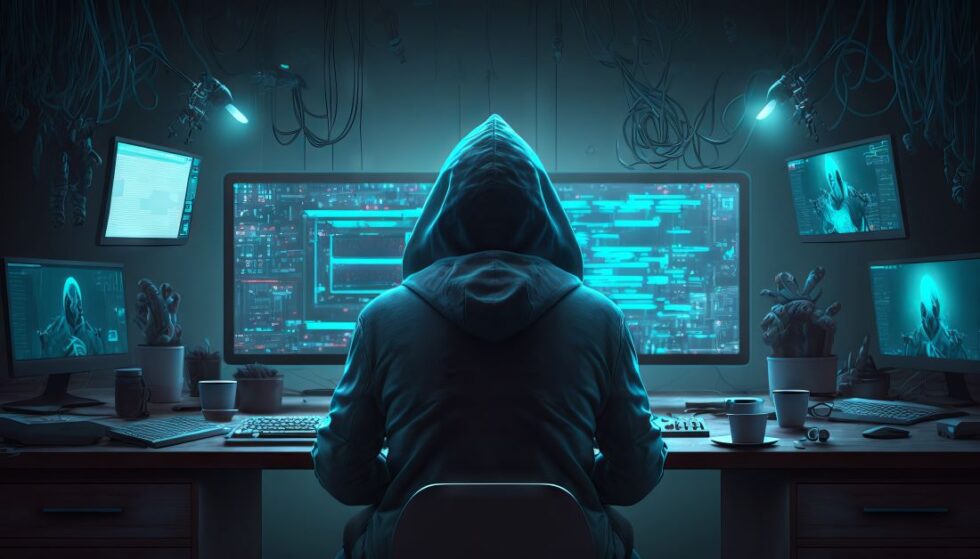 a person in a hoodie sitting at a desk with a computer