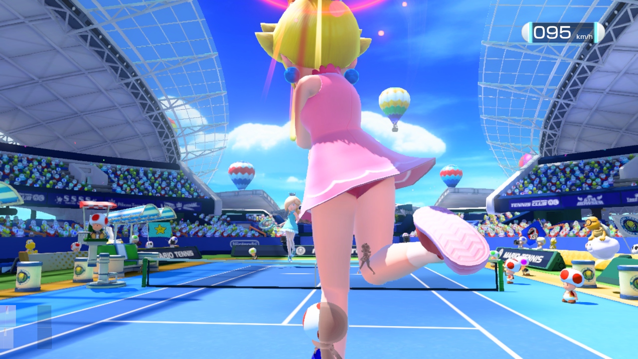 a cartoon character running on a tennis court