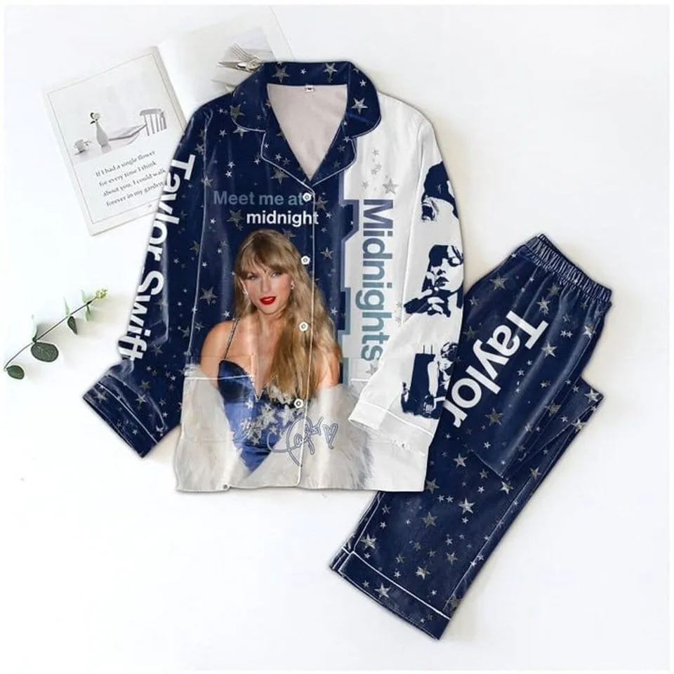 a blue and white pajamas with a picture of a woman