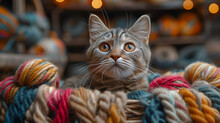 a cat in a basket of yarn