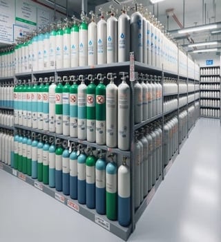 a large group of oxygen tanks on shelves