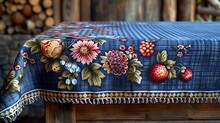 a table with a blue cloth with flowers on it