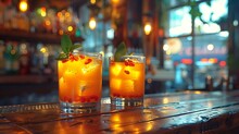 two glasses of orange liquid with ice and berries on a bar