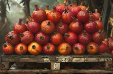 a pile of pomegranates on a pallet