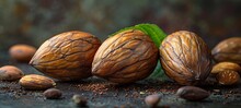 a group of walnuts with a leaf