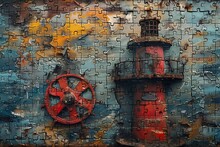 puzzle of a lighthouse and a red wheel