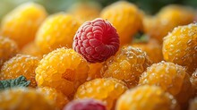 a raspberry on top of yellow raspberries