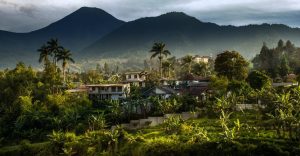 a landscape of a town with trees and mountains