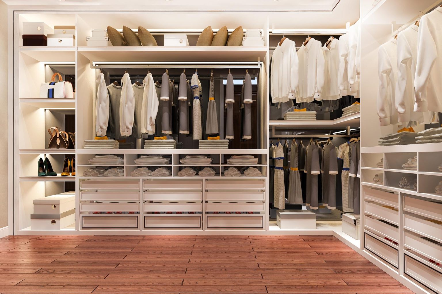 a large closet with clothes on shelves