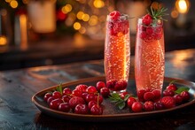 two glasses of pink drink with berries on a plate