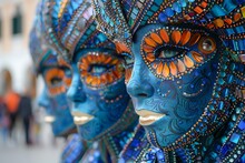 a group of people wearing blue and orange face paint