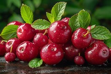 a group of cherries with leaves