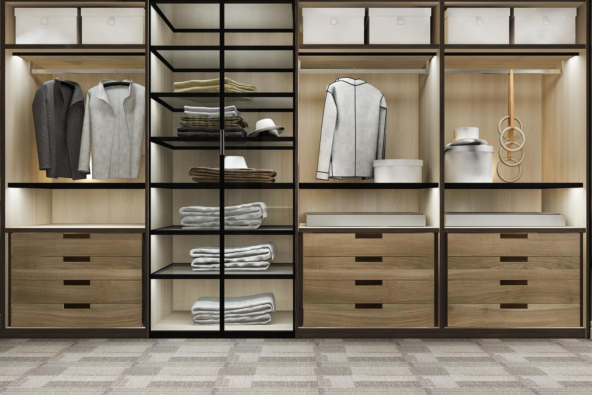 a closet with shelves and shelves with clothes and boxes