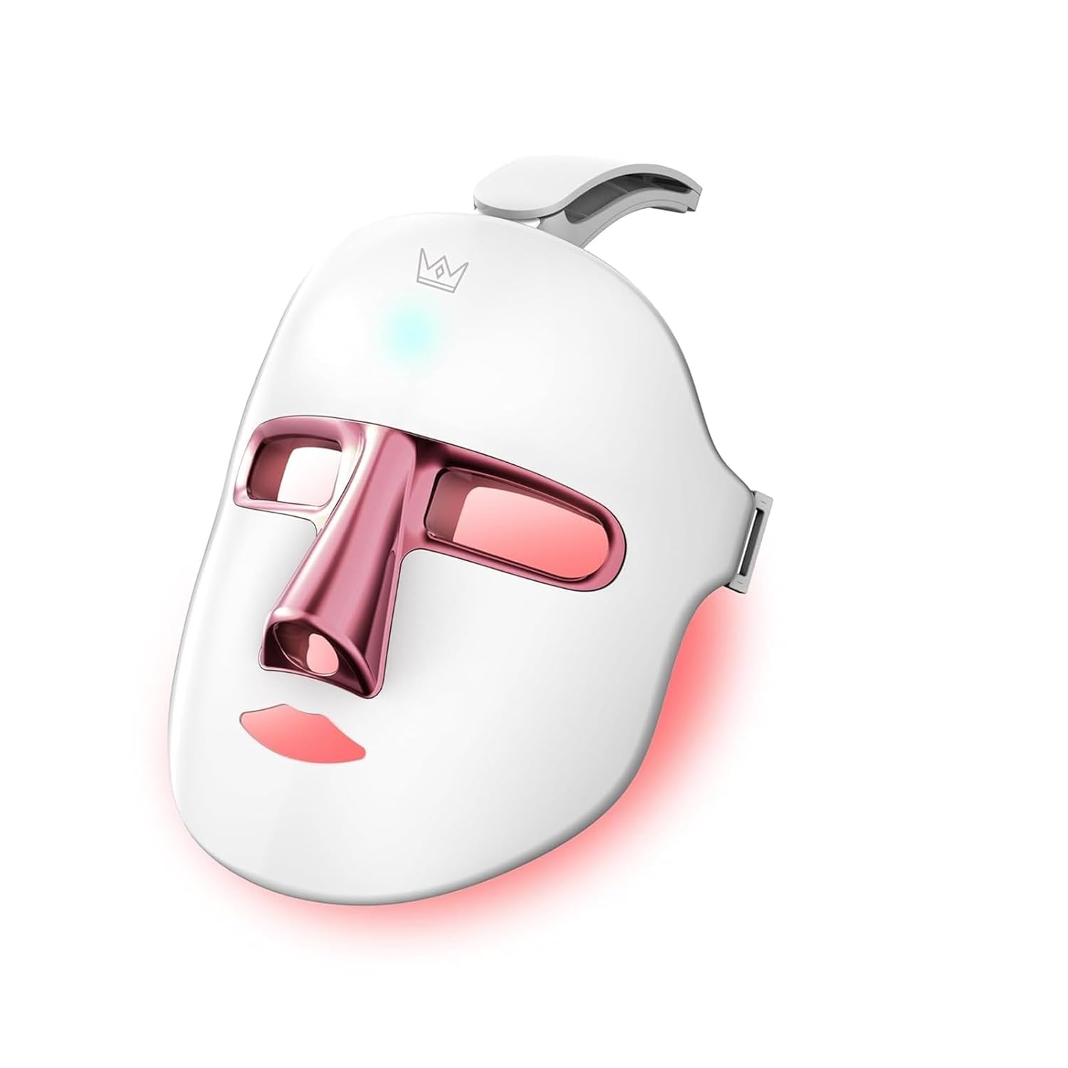 a white mask with a pink nose and a blue light