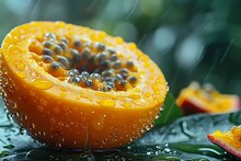 a half of a fruit with water drops on it