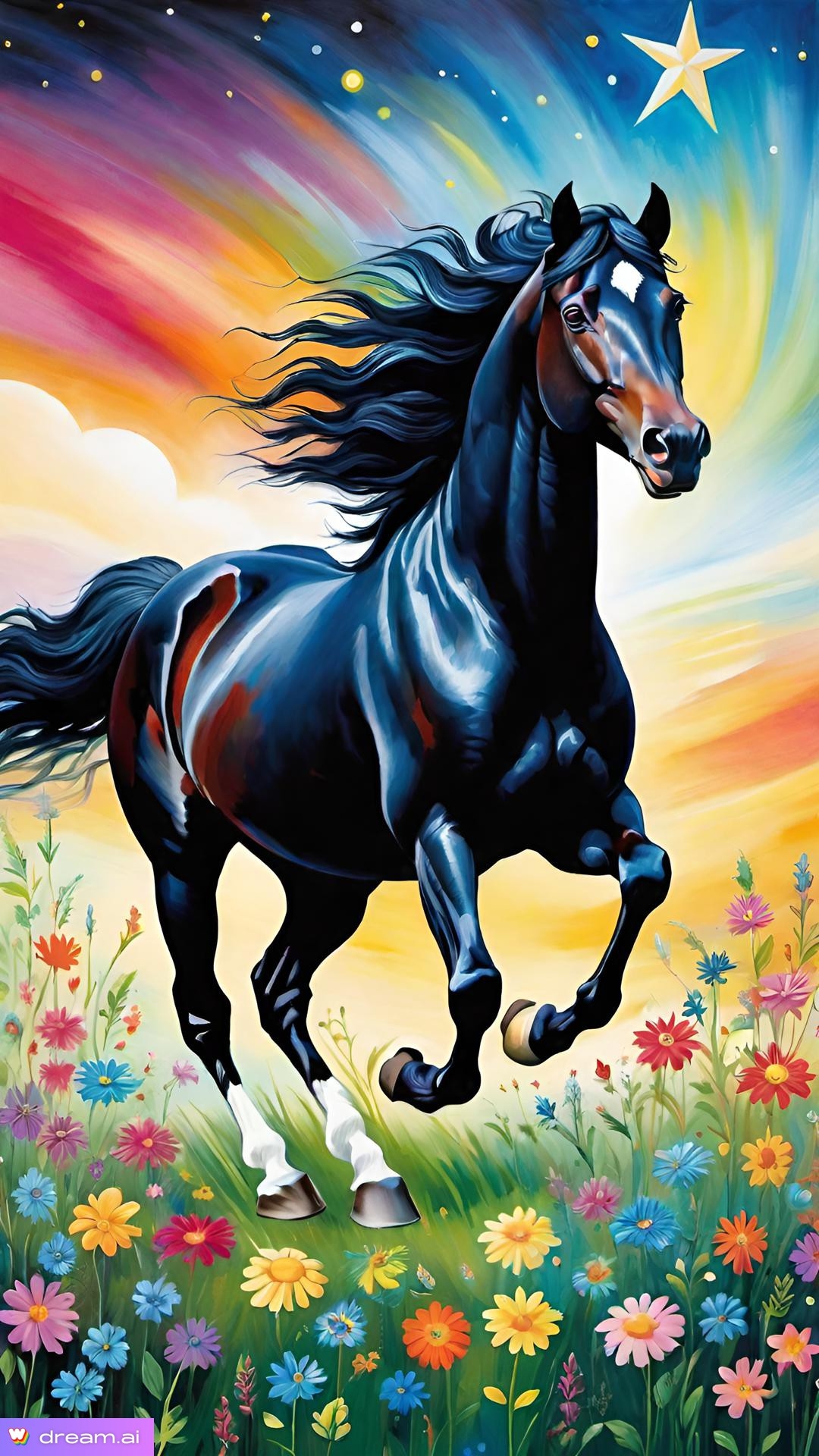 a painting of a horse running in a field of flowers