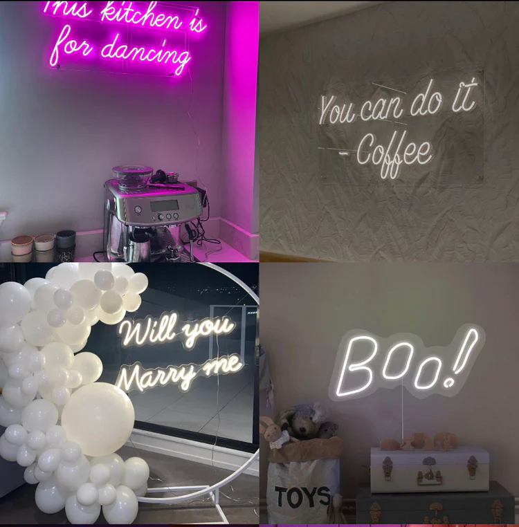 a collage of images of a room with a sign and balloons